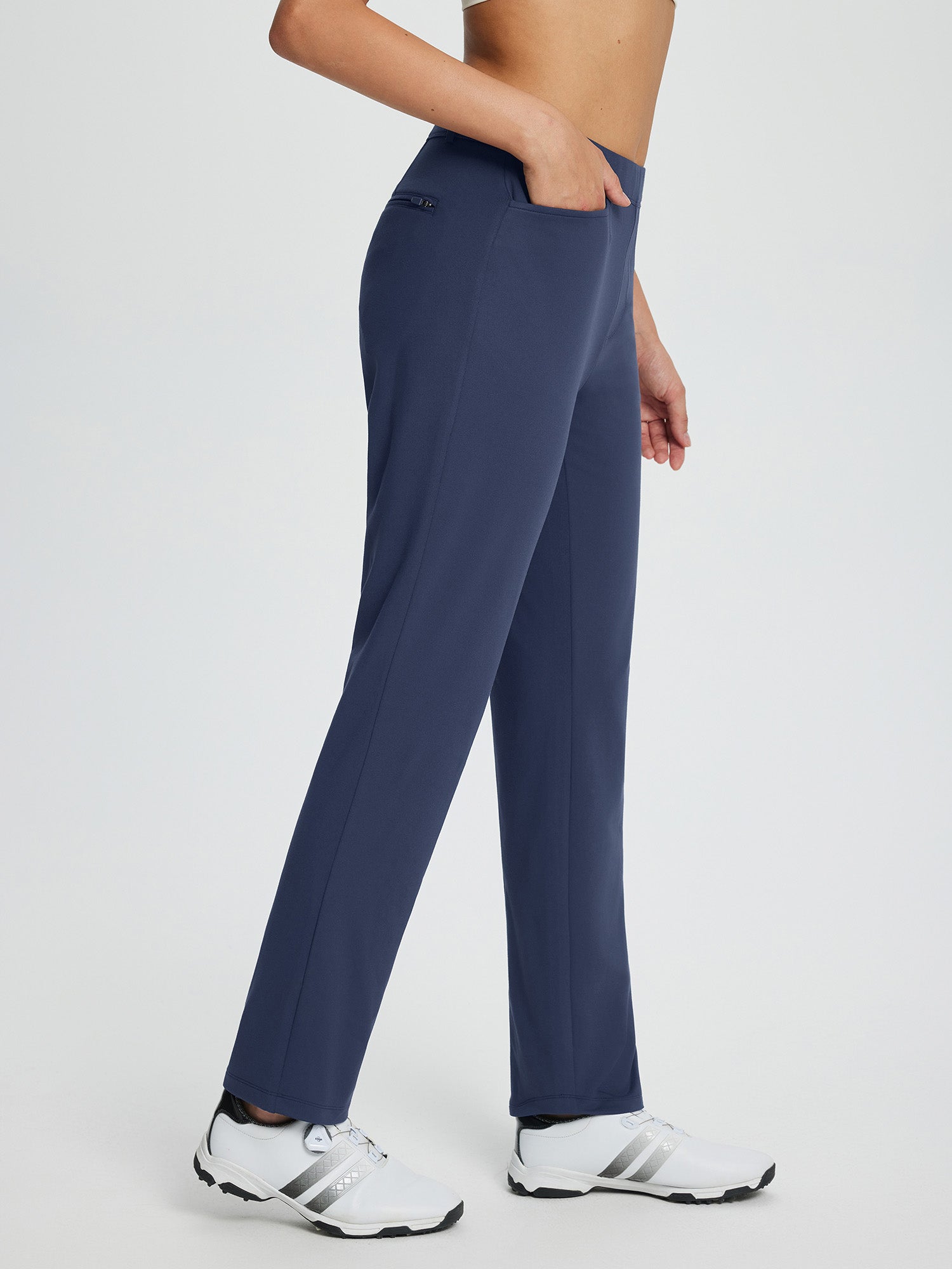 Women's navy blue fleece-lined straight-leg golf pants with pockets, perfect for cold weather golf. #color_Navy Blue