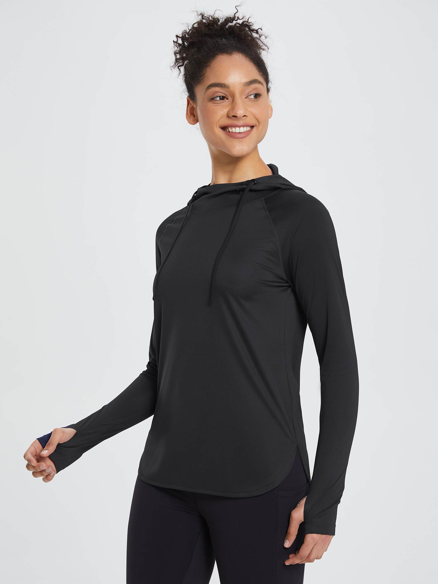 Black UPF 50+ sun hoodie shirt with thumbholes and adjustable drawstring. #color_Black
