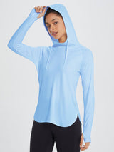 Light blue UPF 50+ sun hoodie shirt with thumbholes and drawstring hood for women. #color_Light Blue