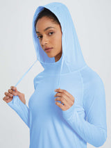 Light blue UPF 50+ sun hoodie shirt with adjustable drawcord and thumbholes #color_Light Blue