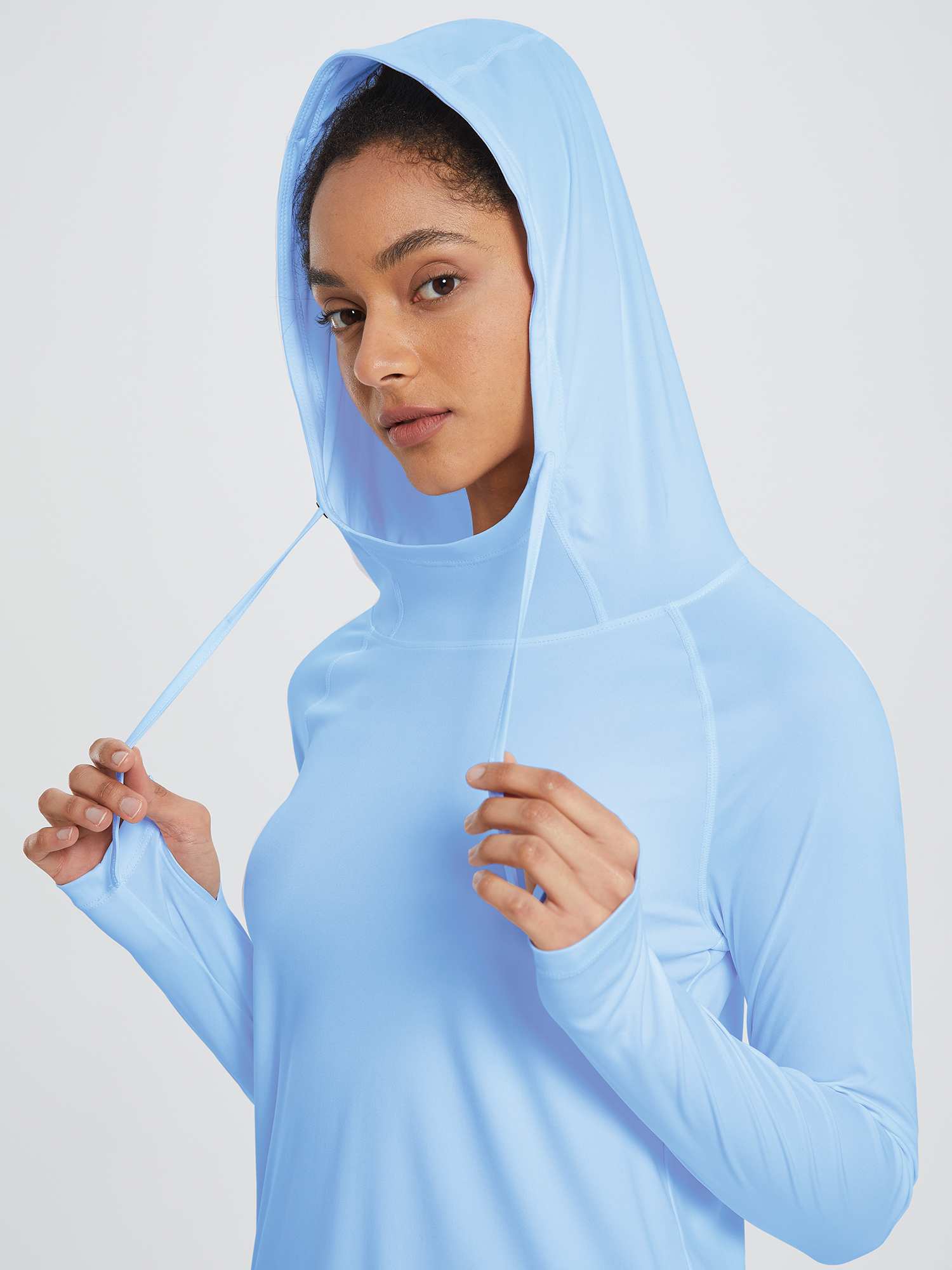Light blue UPF 50+ sun hoodie shirt with adjustable drawcord and thumbholes #color_Light Blue