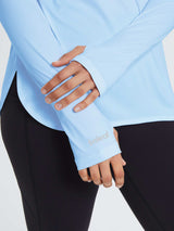 Light blue UPF 50+ sun hoodie shirt with thumbholes and subtle Baleaf logo on the sleeve. #color_Light Blue