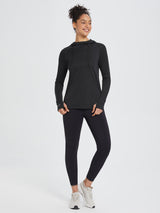 Black UPF 50+ sun hoodie shirt with thumbholes and matching black leggings. #color_Black