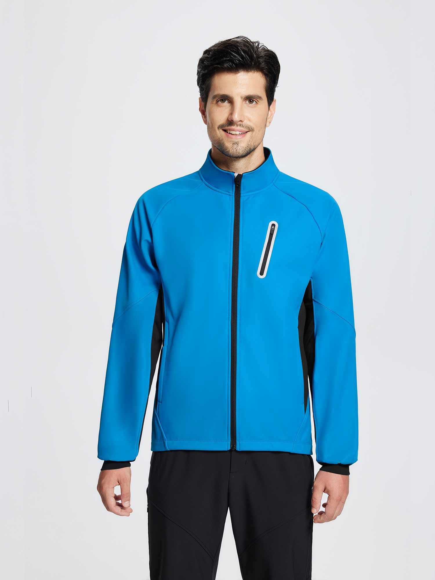Men's bright blue knit thermal cycling jacket with black accents and a zippered chest pocket. #color_Quartz Blue
