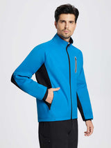 Men's knit thermal cycling jacket in bright blue with black accents, featuring zip pockets. #color_Quartz Blue