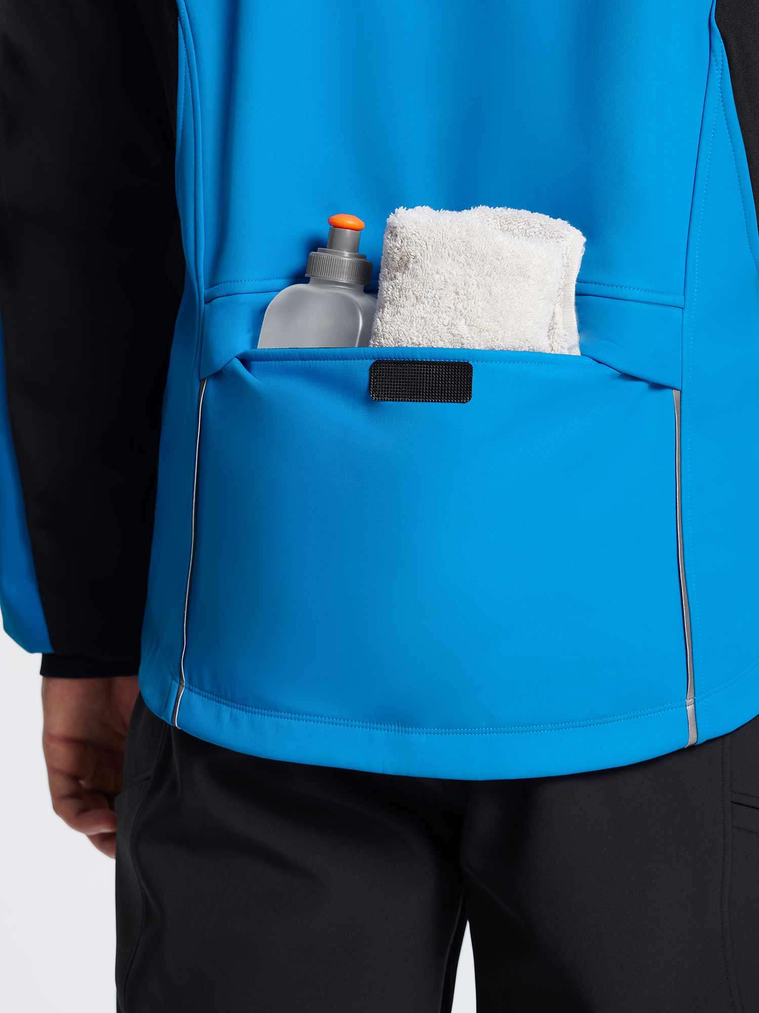Men's blue thermal cycling jacket back pocket with water bottle and towel. #color_Quartz Blue