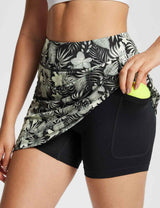 Baleaf Women's Lightweight Pocket Printed Tennis Skort Printed Gray Leaf with Built-in Short