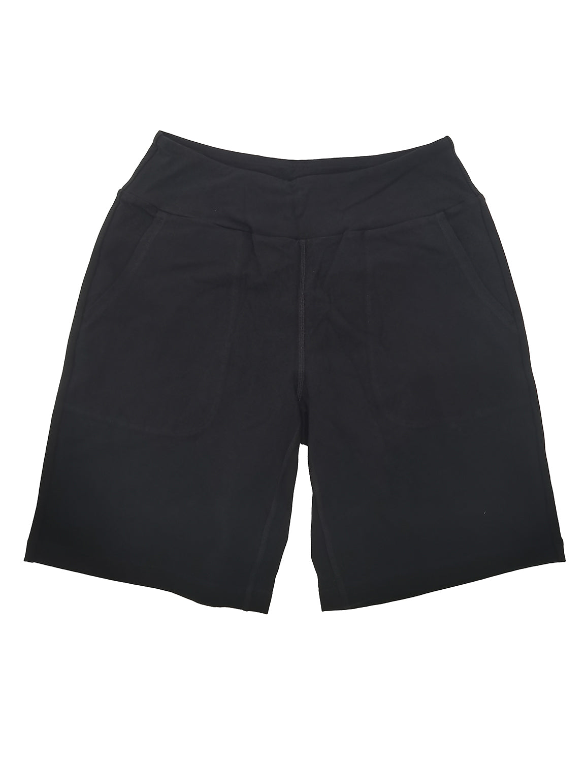 Black knit yoga shorts with wide waistband and side pockets, 8" inseam. #color_Black