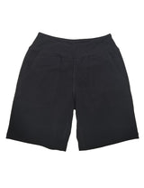 Black knit yoga shorts with wide waistband and side pockets, 8" inseam. #color_Black