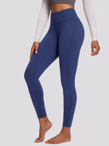 Women's petite blue fleece-lined yoga leggings with high waistband and 25" inseam. #color_Navy Blue