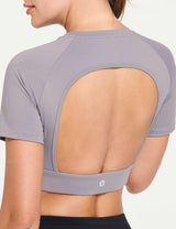 Baleaf Women's Short Sleeve Slim Fit Open Back Crop Top Storm Front Back