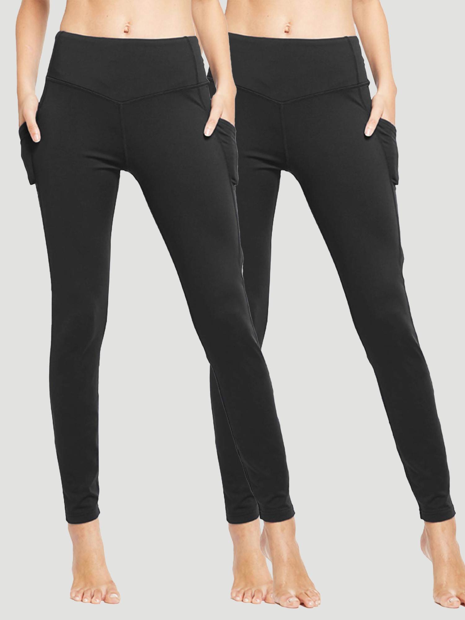 Two women wearing black high-waist yoga leggings with pockets for sale. #color_Black