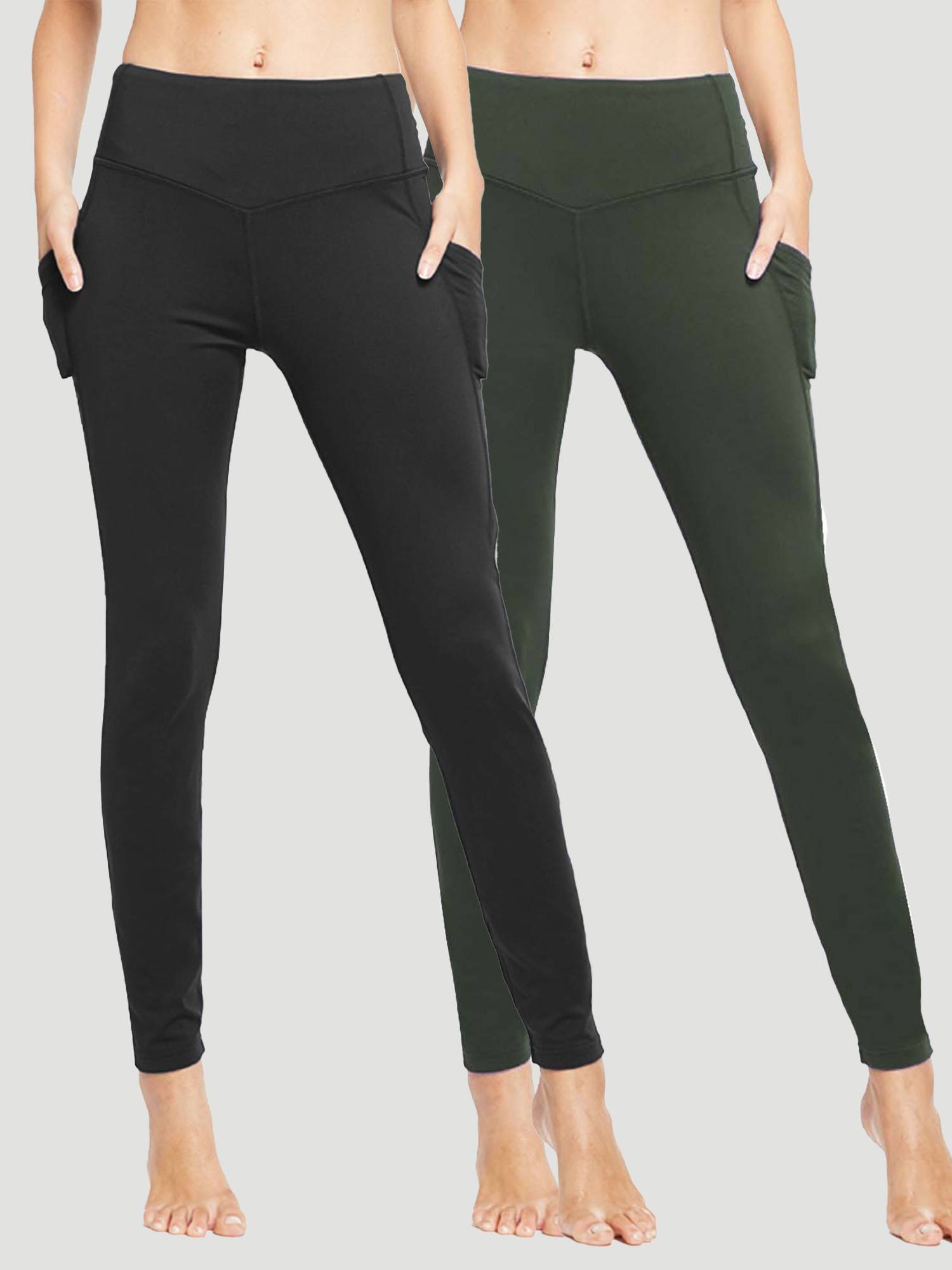 Black and green high-waist yoga leggings with pockets and V-shaped waistband. #color_Black/Green