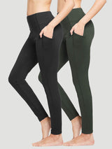Two-pack Baleaf high-waist yoga leggings in black and green, featuring side pockets and brushed fabric. #color_Black/Green