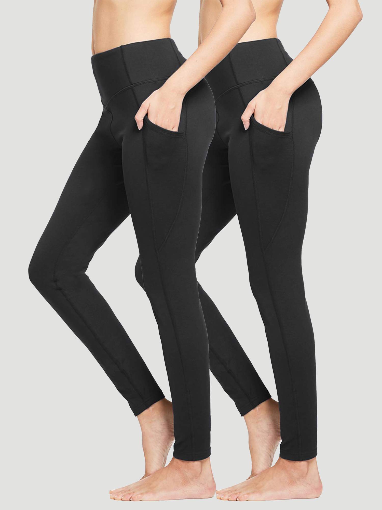 Black high-waist yoga leggings with pockets, 2-pack #color_Black