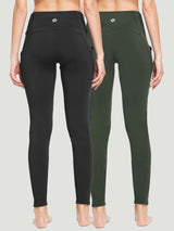 Baleaf high-waist yoga leggings in black and dark green, featuring side pockets. Ideal for yoga and active lifestyles. #color_Black/Green
