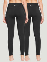 Black high-waist yoga leggings with side pockets, sold as a 2-pack. #color_Black