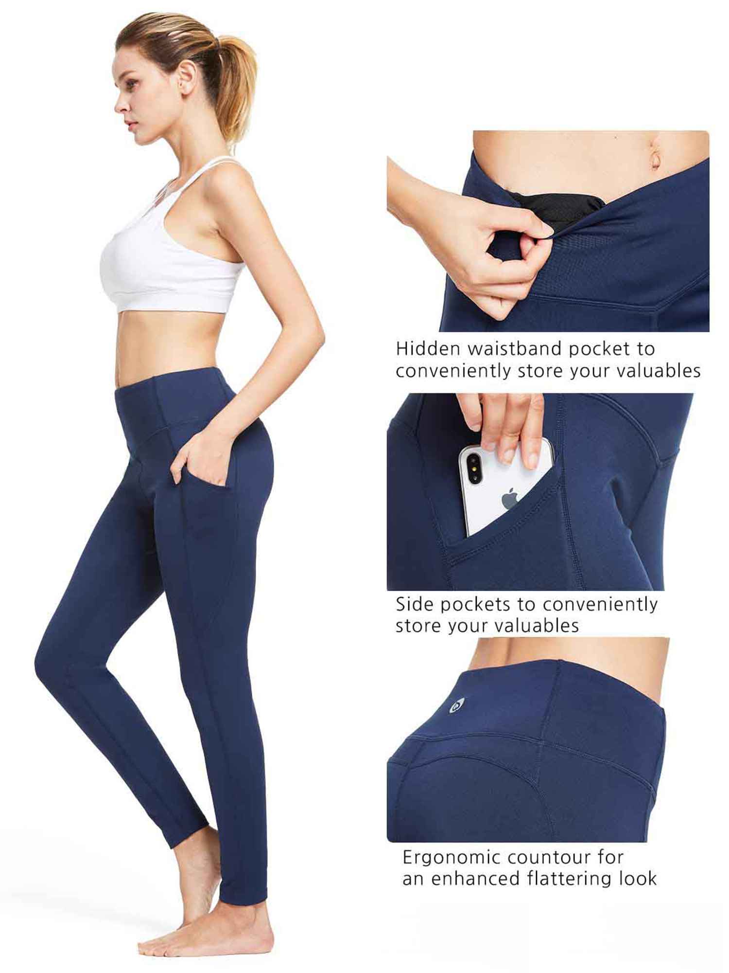 Navy blue yoga leggings with pockets and flattering design. Features hidden waistband and side pockets for valuables.