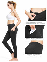 Black yoga leggings: high-waist, side pockets, hidden waistband pocket, ergonomic contour. #color_Black