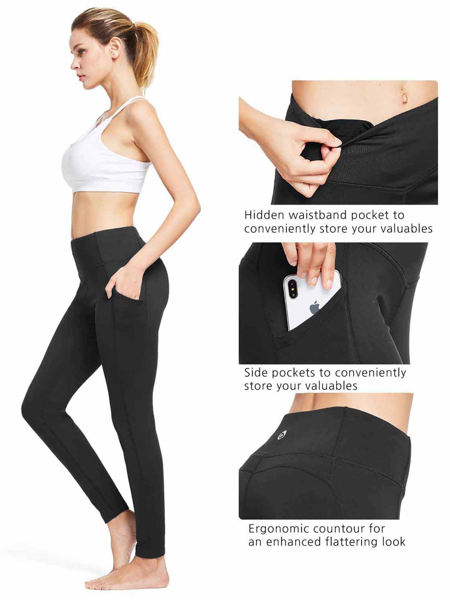 Black yoga leggings: high-waist, side pockets, hidden waistband pocket, ergonomic contour. #color_Black