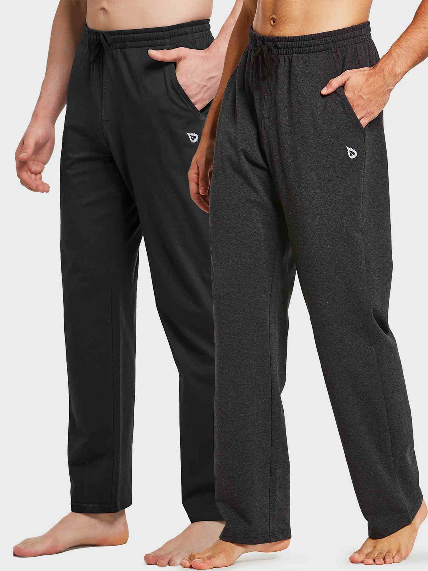 Two men wearing black and dark gray BALEAF yoga drawstring straight jane pants with pockets. #color_Black/Dark Gray