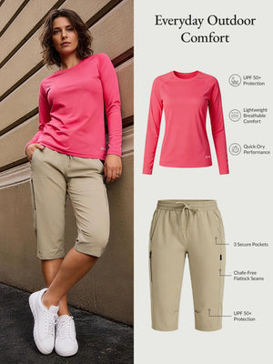 Woman in pink UPF50+ sun shirt and khaki pocketed capris for everyday outdoor comfort.