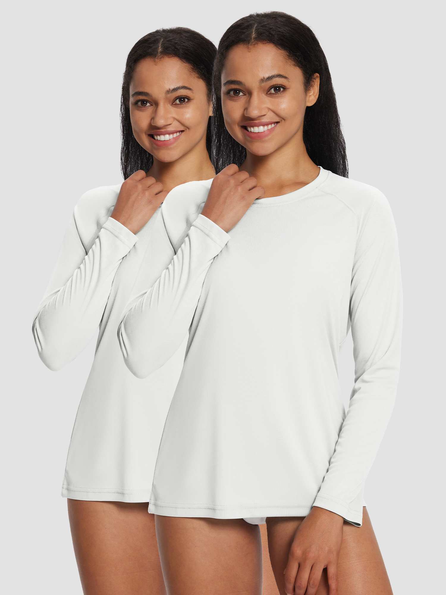 Women's white long-sleeved rash guard (2-pack) with UPF 50+ sun protection for active wear. #color_White
