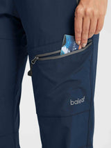 Navy blue Baleaf UPF50+ DWR hiking pants, secure zippered pocket with card for outdoor adventures.