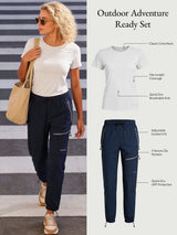 Baleaf Outdoor Adventure Ready Set for petite women: white quick-dry tee & navy UPF hiking pants.
