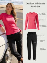 Baleaf Outdoor Adventure Ready Set: UPF 50+ pink sun shirt & black hiking pants for outdoor activities.