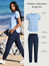 Women's Outdoor Adventure Ready Set: UPF tee and quick-dry hiking pants with zip pockets.