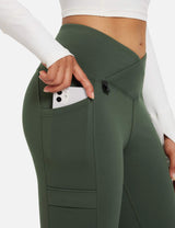 Baleaf Women's Fleece lined Crossover Slightly Flare Leggings Rifle Green with Pocket