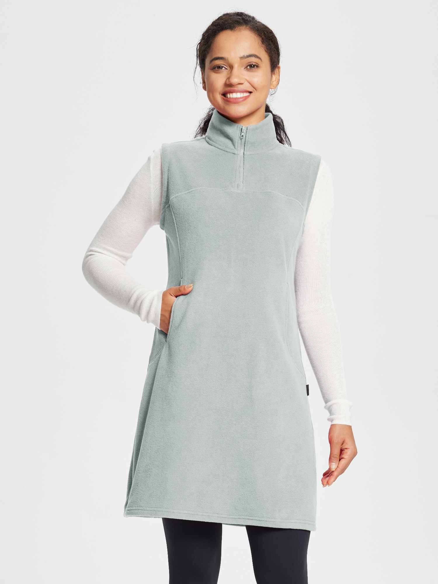 Sleeveless Fleece Thermal Dress | 34in Warm Vest - Baleaf Rose Red / S