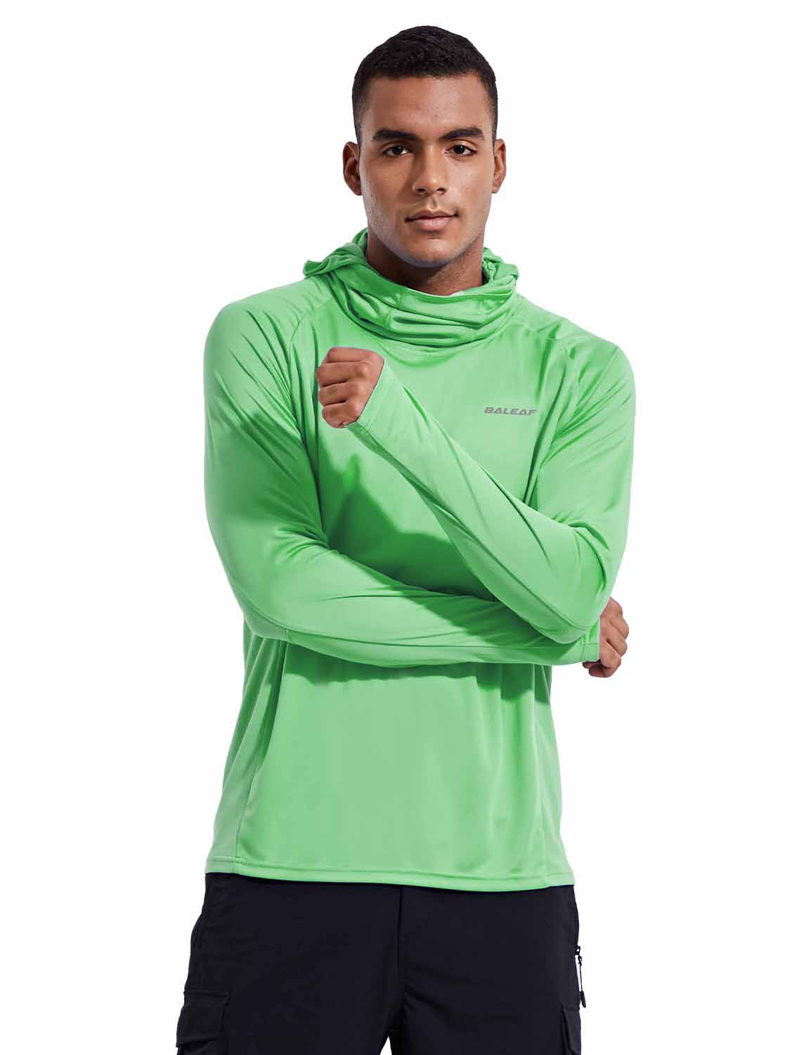 Baleaf Mens UPF 50+ Convertible Pocketed Long Sleeved Shirt w Thumbholes & Hood  Light Green front