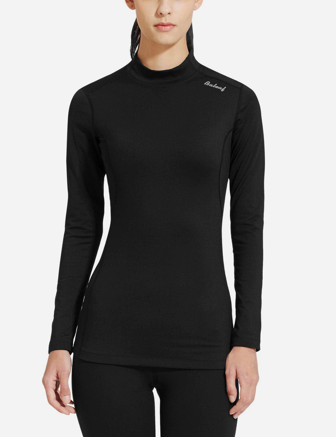 Baleaf Women's Basic Compression Mock-Neck Long Sleeved Shirt abd166 Black Front