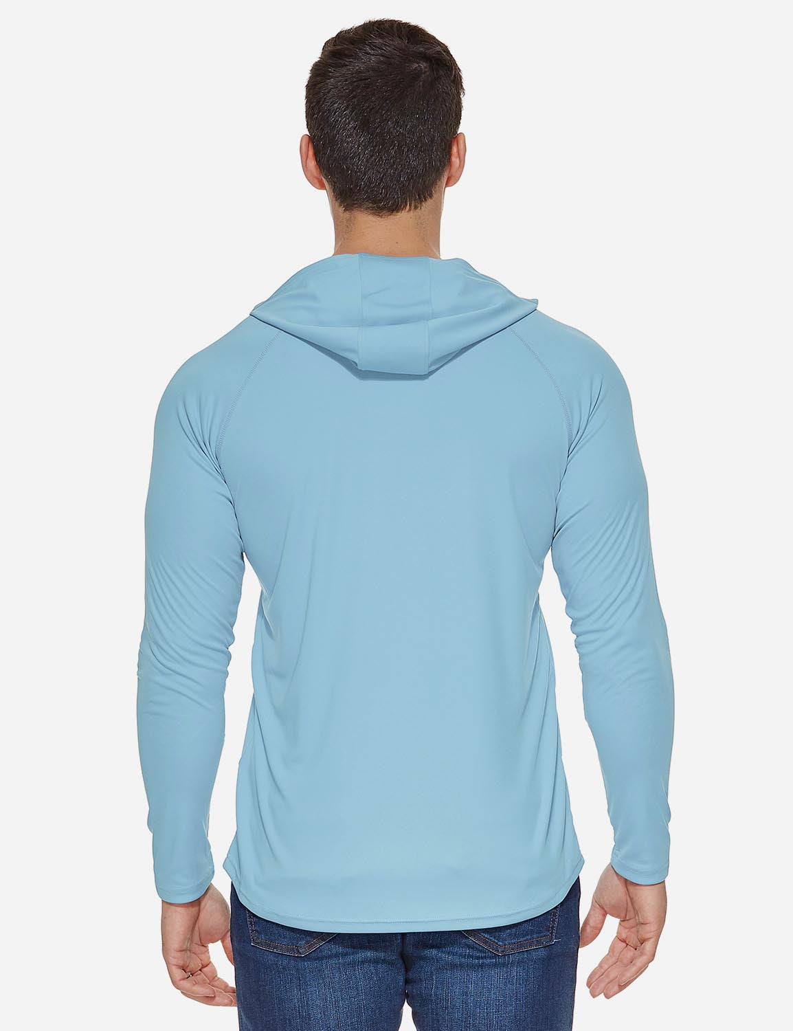Baleaf Men's UPF50+ Hooded & Thumbhole Comfort Fit Long Sleeved Shirt Light Blue Back