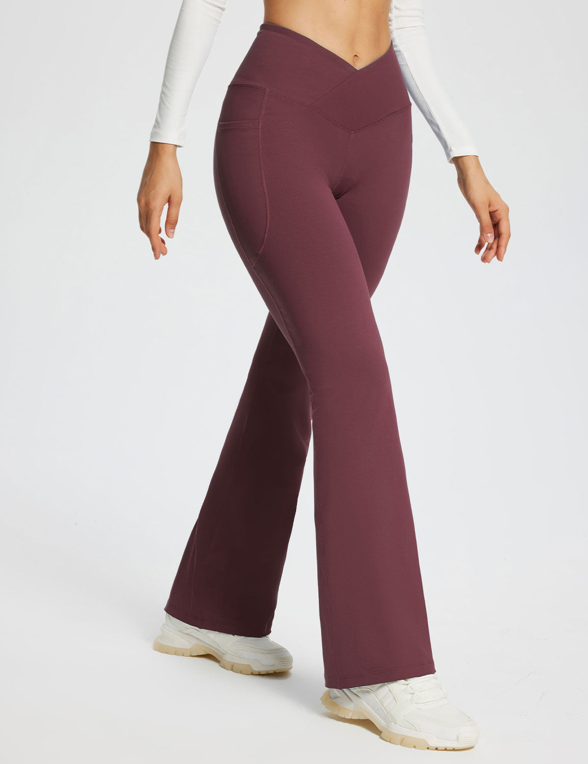 Baleaf Women's Laureate 29'' Crossover High-Rise Flared Pants dbh095 29-Wine Side.#color_Wine