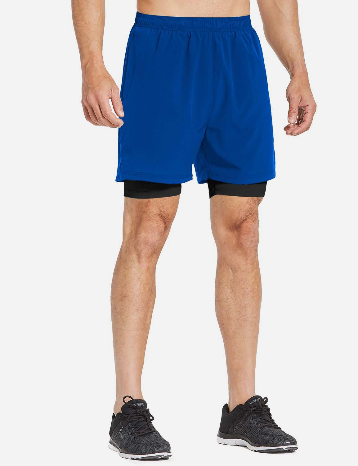 Baleaf Men's 2-in-1 Split Leg Back Pocketed Compression Gym Shorts abd277 Royal Blue/Black Side