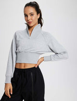 Baleaf Women's Evergreen Cotton Half Zip Crop Pullover dbd070?Light Grey Side