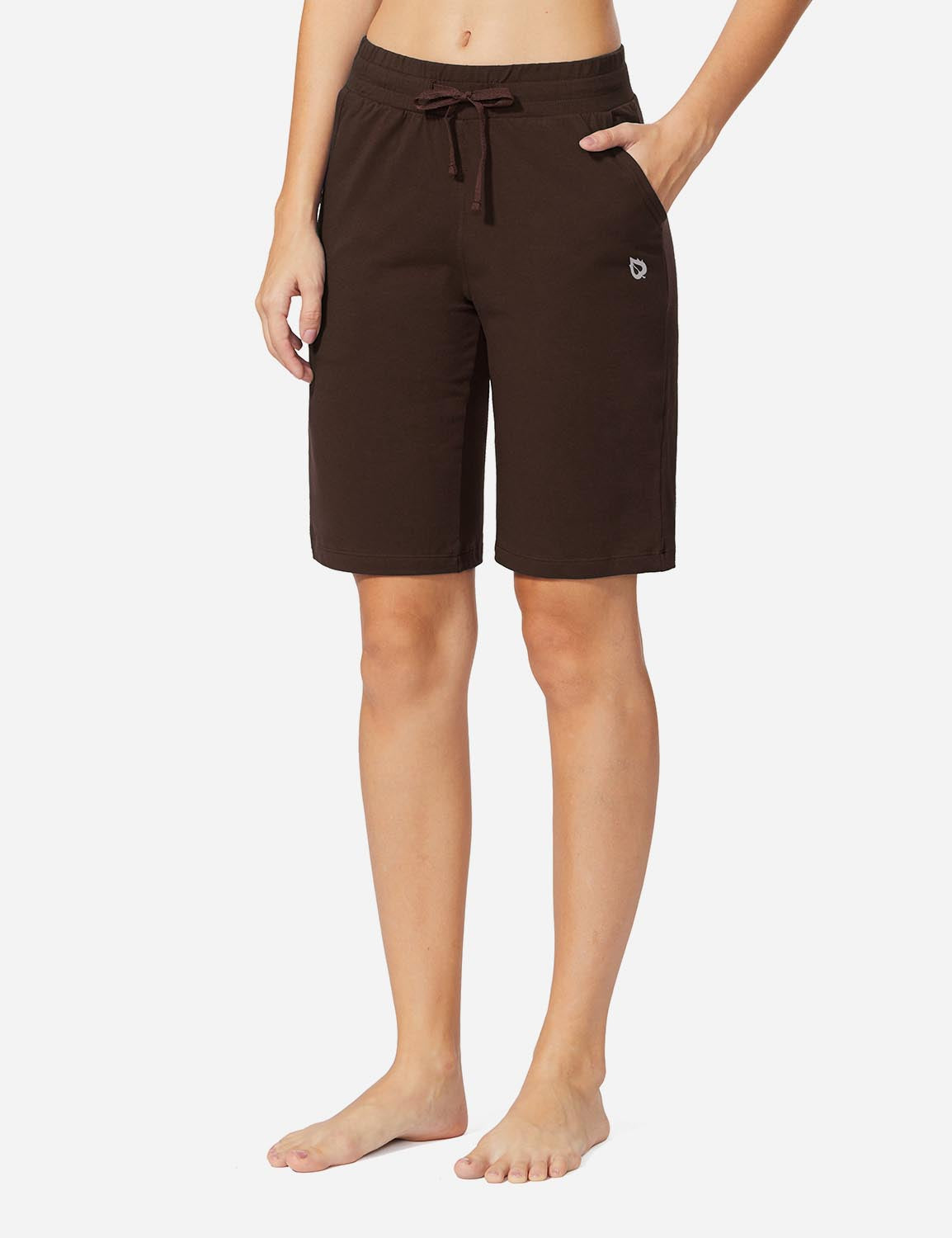 Baleaf Women's Mid-Rise Cotton Pocketed Bermuda Shorts abh104 Coffee Front