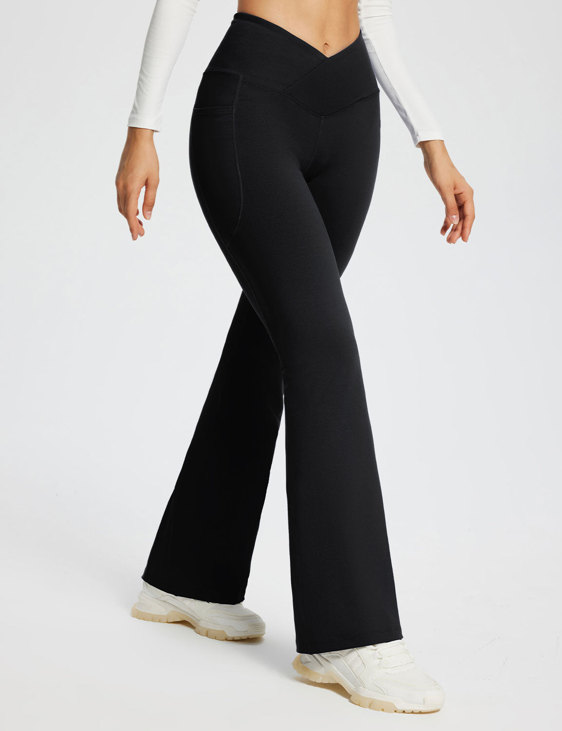 Baleaf Women's Laureate 29'' Crossover High-Rise Flared Pants dbh095 29-Black Side.#color_Black