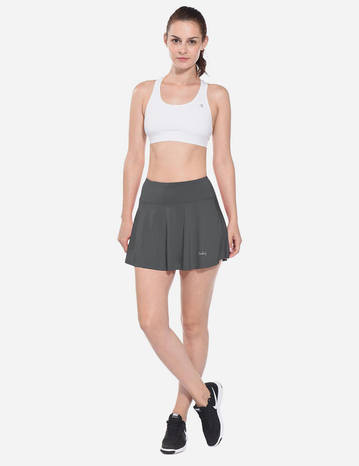 Baleaf Women's Mid-Rise 2-in-1 Pleated Pocketed Sports Skirt abd247 Gray Full