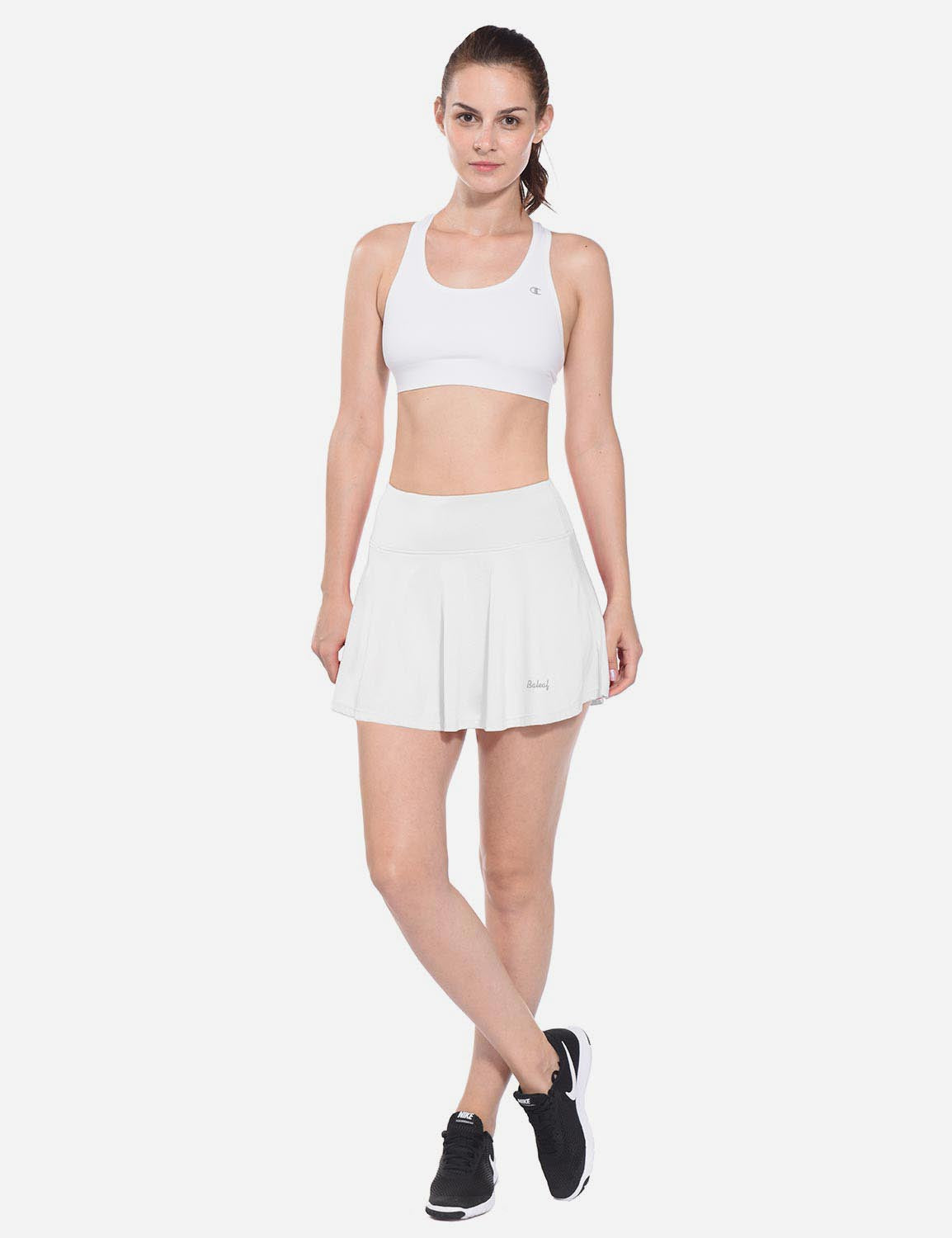 Baleaf Women's Mid-Rise 2-in-1 Pleated Pocketed Sports Skirt abd247 White Full