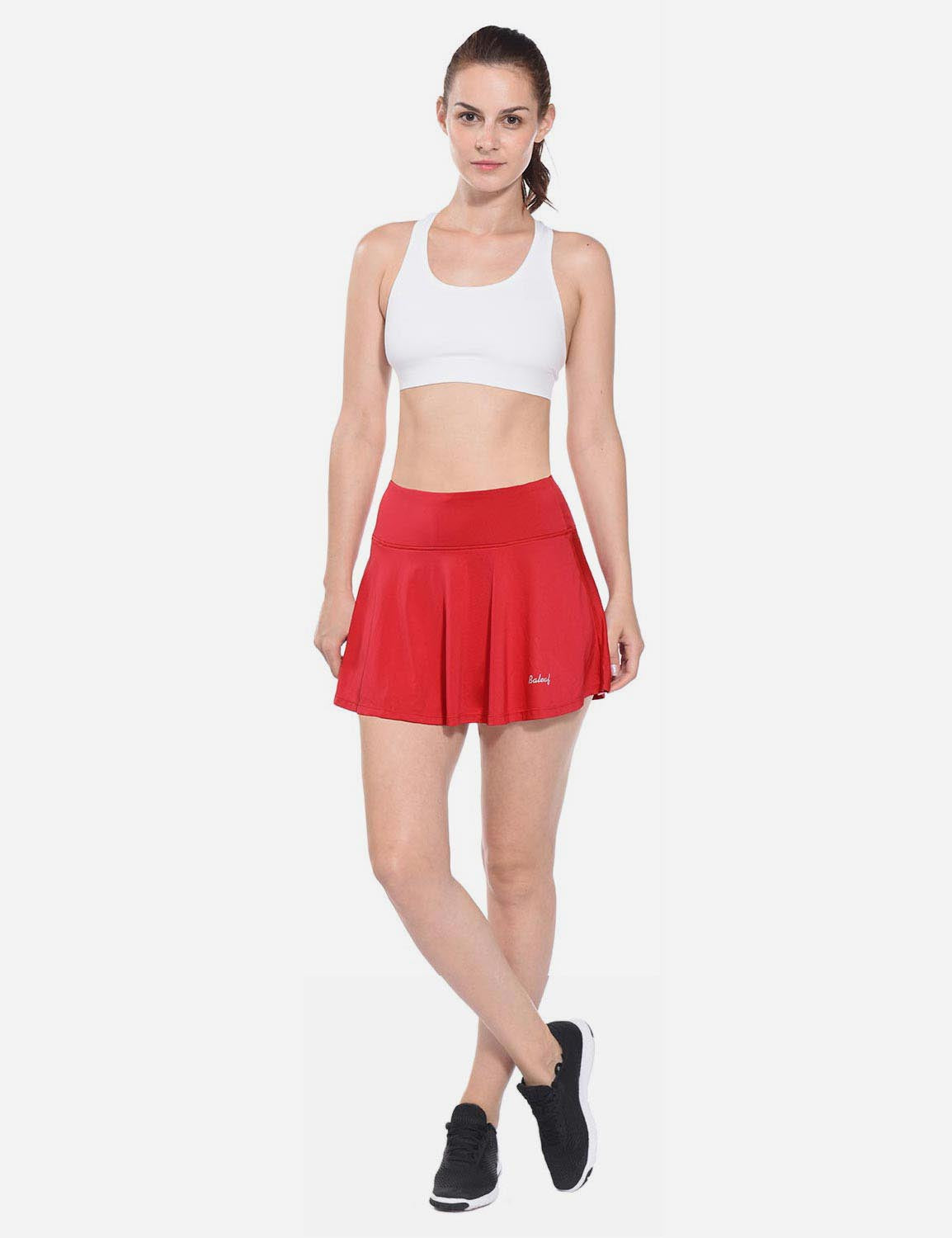Baleaf Women's Mid-Rise 2-in-1 Pleated Pocketed Sports Skirt abd247 Red Full