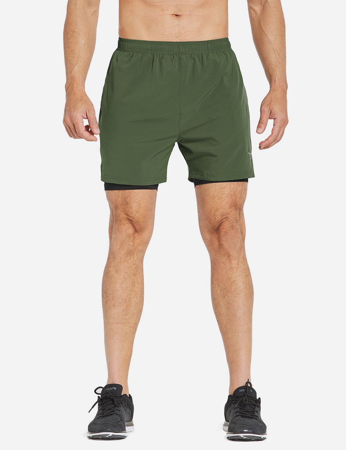 Baleaf Men's 2-in-1 Split Leg Back Pocketed Compression Gym Shorts abd277 Army Green/Black Main