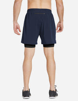 Baleaf Men's 2-in-1 Split Leg Back Pocketed Compression Gym Shorts abd277 Dark Blue/Black Back