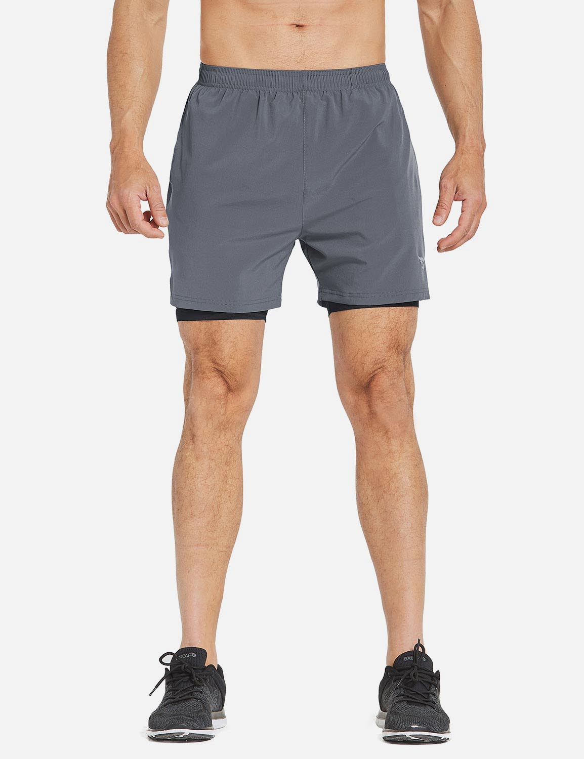 Baleaf Men's 2-in-1 Split Leg Back Pocketed Compression Gym Shorts abd277 Gray/Black Main