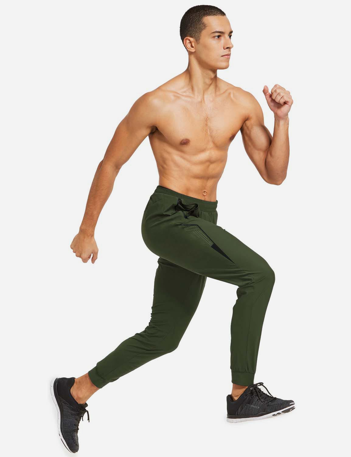 Baleaf Men's Mid Rise Seamless Quick Dry Mesh Tapered Joggers abd284 Army Green Full