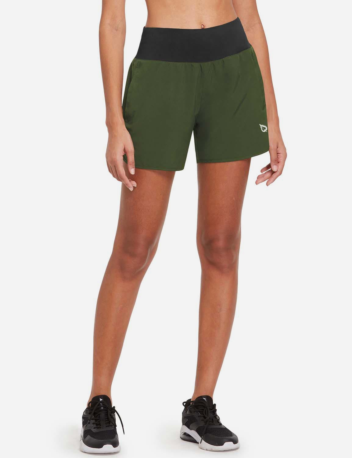 Baleaf Women's 5" High Rise Split-leg Pocketed Running Shorts abd394 Army Green Front