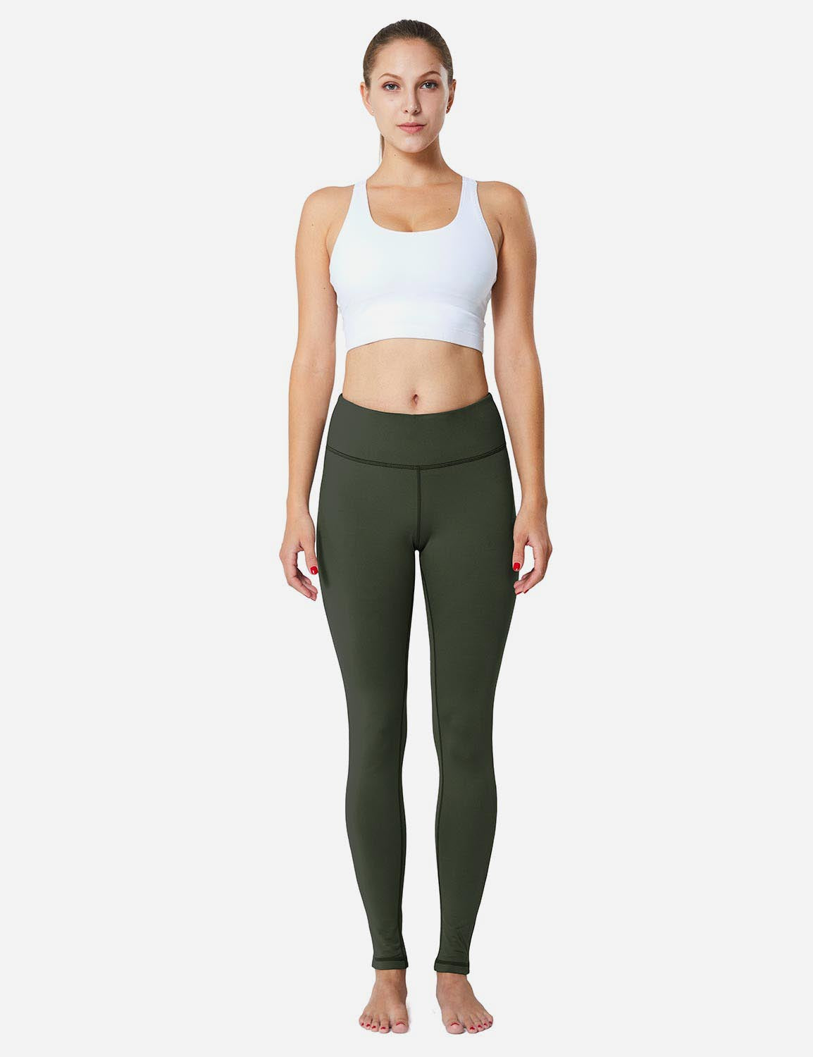 Baleaf Women's Mid-Rise Fleece Lined Basic Yoga & Workout Leggings abh018 Army-Green Full